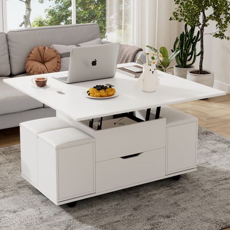 Tavolino sollevabile multifunzionale - La scrivania può aprire 2 tavoli, bianco + bianco, grande capacità, mobili moderni per soggiorno, scrivania, tavolo da pranzo, tavolo per il tempo libero, tavolo (1/5)