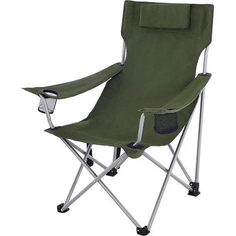 Chaise de camping pliable siège pliante extérieur avec accoudoirs appui-tête porte-verres cadre stable capacité de charge 150 kg vert gcb09ag (1/3)
