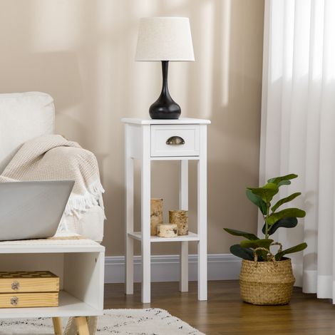 Mesa Auxiliar Mesita de Noche con Cajón y Estante de Almacenamiento Estilo Moderno para Salón Dormitorio 30x30x75 cm Blanco (1/5)