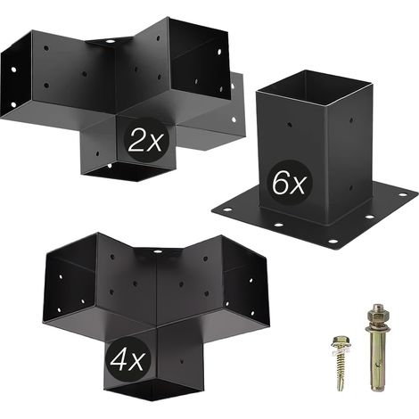 SOTECH Holzverbinder / Bodenanker vierkant, Stahl verzinkt und schwarz pulverbeschichtet für höchsten Korrosionsschutz, Aufbau SET 12-tlg (4x Eckverbinder + 2x Mittelverbinder + 6x Bodenhülse) (1/5)