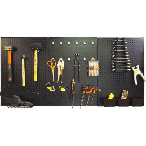 Fischer Darex – Panneau mural en acier noir 3 panneaux 1365 x 630 mm – Fixations incluses – Capacité de charge 20 kg – Pour garage et atelier (1/3)