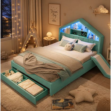 Lit enfant 140 x 200 cm en velours bleu-vert, lit maison rembourré avec toboggan montable à gauche ou à droite, éclairage LED, prise de recharge et grand coffre – CHICFURN (1/5)