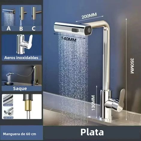 Robinet cascade en acier inoxydable argenté, rotation à 360°, mélange eau chaude/eau froide, douchette extractible (1/5)
