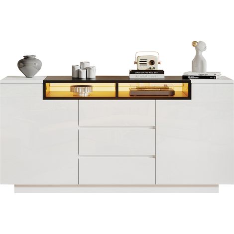 ELVMI Credenza con 2 Ante, 3 Cassetti, 2 Vani Semi-Aperti e LED per Soggiorno, Pannello Truciolare, 140 x 40 x 68 cm, Bianco e Nero (1/5)