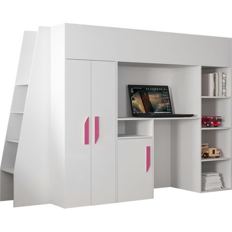 Lit haut Hartford 355, Blanc + Blanc brillant + Rose, Unique, 90x200, Stratifié, Sommier à lattes, 94x230x165cm (1/4)