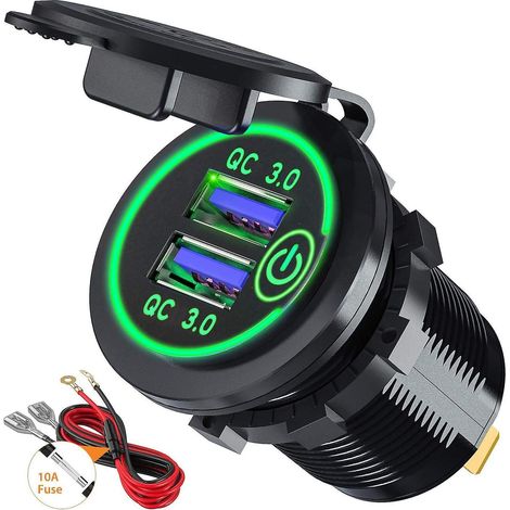 Dual-Schnelllade-USB-3.0-Kfz-Ladegerät mit Schalter für 12V/24V-Fahrzeuge – 36W Schnellladung für Boote, Motorräder und LKWs (Grün) (1/4)