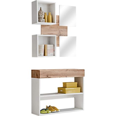 Mobile Ingresso Moderno Con Specchi E Vani A Giorno Consolle Sospesa Con Cassetto Design Elegante Salvaspazio Per Casa Soggiorno Corridoio Salotto 100 x 170 x 30 Cm Bianco E Rovere