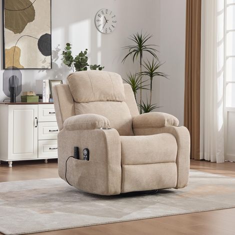 Fauteuil inclinable électrique pivotant à 360° avec fonction massage et chauffage électriques, dossier et repose-pieds réglables, poches de rangement latérales et porte-gobelets. Kaki clair