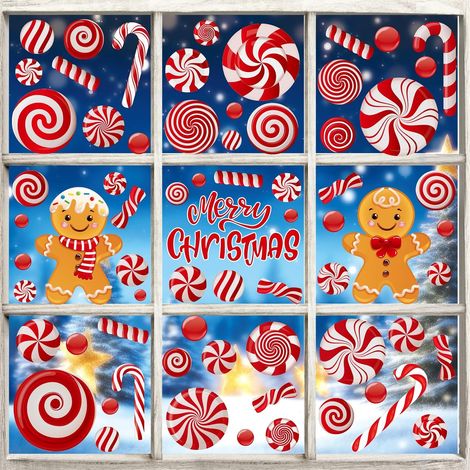 Autocollants Fenêtre Noël - Canne à Sucre Menthe Poivrée et Sucre d'Orge - Décoration Fenêtre Adhésive pour Noël - Faciles à Poser et Enlever - Idée Cadeau Fête (1/5)