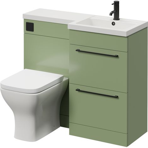 Napoli 390 Olive Green 1000mm 2 Drawer Vanity Unit Toilet Suite with Right Hand Square Lucia Basin - 1000mm - Matt Black 320mm HandleWith Kingston Toilet Pan and Seat