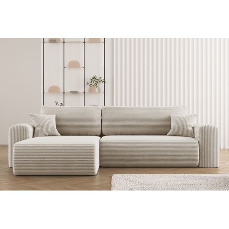 Ecksofa mit Schlaffunktion und Stauraum für Bettzeug, L-förmiges Sofa, Capri Stoff Poso Beige Rechts