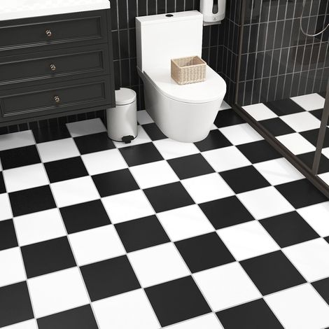 12 Pièces Dalle PVC Adhesive Sol Noir et Blanc Carrelage Adhesif Sol Salle De Bain Lino Sol Adhesif Lavable Revetement De Sol Noir et Blanc Deco Cuisine 30 x 30cm (1/5)