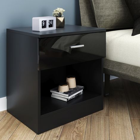 ELEGANT Modern High Gloss Bedside Cabinet Night Stand Storage Shelf with Bin Drawer Black (1/5)
