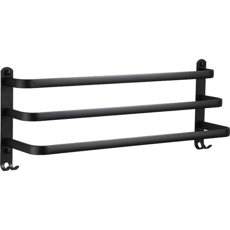 Porte-serviettes mural en à 3 niveaux avec crochet barre noire étanche pour salle de bain cuisine toilettes - 40 cm Aluminium (1/4)