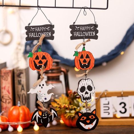 Plaque de porte en bois - KZQ - Décoration d'Halloween - Cordon en cuir - Intérieur - Orange (1/5)