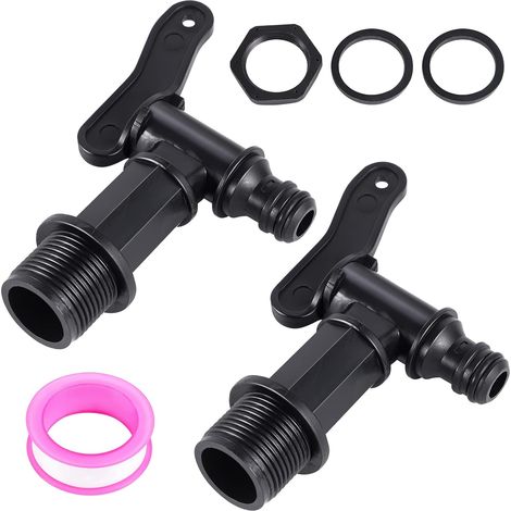 Lot de 2 robinets pour citerne de Pluie 3/4", Noirs, avec Joint PP durable, sans outil, bon débit, raccord tuyau, pour réservoir d’eau de pluie (1/5)