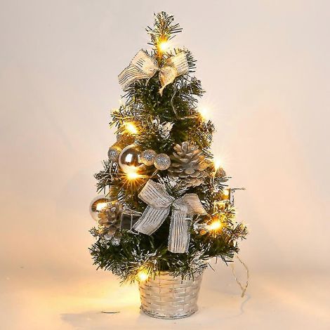 Petit sapin de Noël lumineux de 40 cm, pré-illuminé et fonctionnant sur piles, idéal pour la décoration de Noël à la maison, à l'école ou au bureau - Qin Silver (1/5)