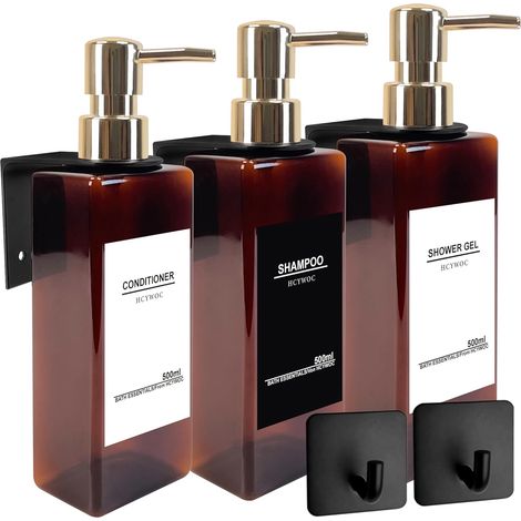 3 Pièces Distributeur Savon Mural sans Percage, Distributeur de Savon Mural avec 32 Étiquettes Imperméables, 500ml Distributeur Gel Douche Mural, Distributeur Savon Salle de Bain, Ambre Or'Parent'Flac (1/5)