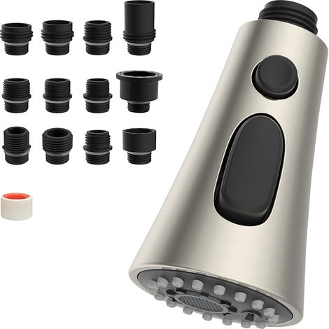 Remplacement Tête Robinet de Cuisine avec 3 Modes de Jet, Douchette Robinet Extractible avec 9 Adapteurs, Mitigeur Cuisine Compatible avec les Robinets G1/2, Nickel Brossé (1/5)