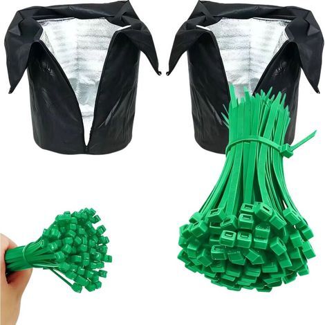 Cache-pots d'hiver (lot de 2) Protection antigel -45 °C avec fermeture éclair pour arbustes, balcons, jardins et terrasses - Noir (avec attaches vertes (3,6 mm de largeur), 100 pièces/paquet) (1/5)