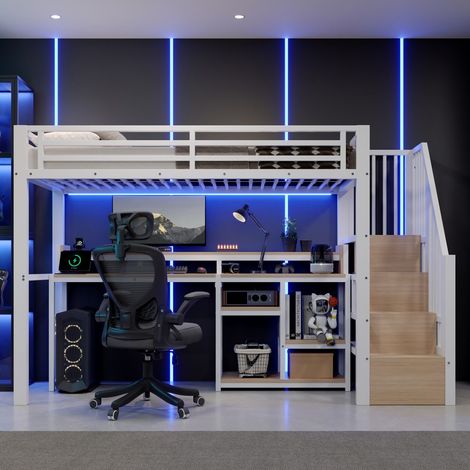 Lit Mezzanine 90x200cm - Lit Enfant Haut en Métal avec Escalier de Rangement Étagères LED et Prises USB Type-C - Blanc (1/5)