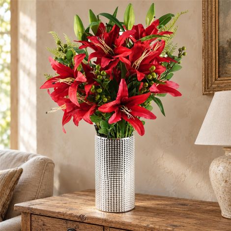 70cm Artificial Red Lily Display Silver Glass Vase Premium (1/5)