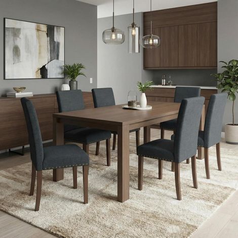 Esszimmerstühle 6er Set, Leinen mit Nieten, Massivholzbeine, Dunkelgrau (1/5)