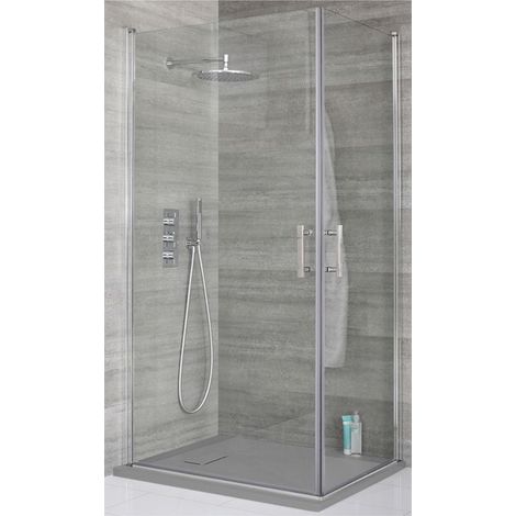 Milano Portland Chrome Corner Walk In Wet Room Double Hinged Door Shower Enclosure with Light Grey Slate Effect Tray and Fast Flow Waste - 900mm x 900mm (1/5)