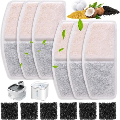 6 Pièces Filtre Fontaine Eau Chat, Lot de 6 Filtres pour Fontaine à Eau pour Chat sans Fil, 6 Filtres à Charbon + 6 Élément Éponge, Filtre de Fontaine à Eau de Rechange pour Chats et Chiens (1/5)