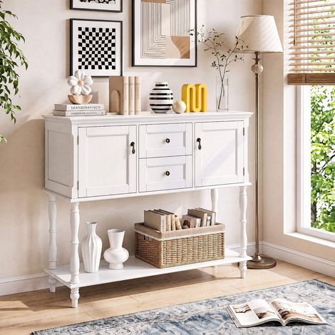 White Console Table with Drawers and Cabinets, Pine Wood (1/5)