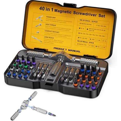 Tournevis à Cliquet 40 en 1, Kit Tournevis Magnétique de Précision, Embouts S2 Code Couleur, Kit Réparation Précision pour Sonnettes, Montres, PC, Appareils électroniques et Bricolage (1/5)
