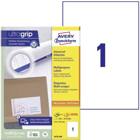 Avery-Zweckform 3478-200 Etichetta universale 210 x 297 mm Carta Bianco 200 pz. A tenuta permanente Stampante laser a c (1/5)
