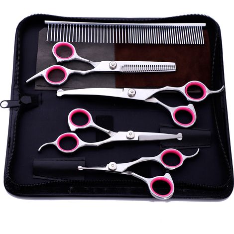 Hunde- und Katzenpflegeset, 6-in-1-Schere mit abgerundeten Spitzen, Klingen aus Edelstahl für Körper, Gesicht, Nase, Ohren und Pfoten (rosa)