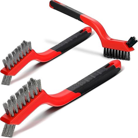 Ensemble de 3 mini brosses métalliques pour le nettoyage des scories de soudure et de la rouille. Brosse à maçonnerie à manche courbé, poils métalliques en acier inoxydable, noir et rouge. (1/5)