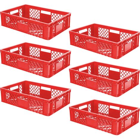 BRB Lot de 6 paniers empilables ajourés en polyéthylène HD de qualité industrielle - Qualité alimentaire - L x l x H : 600 x 400 x 150 mm (rouge)