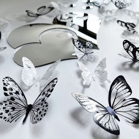 36 Pcs 3D Stickers Muraux Papillons Décoration Murale de la Chambre Décoration de Meubles Papier de Bricolage Facile à Démonter Matériaux de Protection de l'environnement en PVC Noir et blanc (1/4)