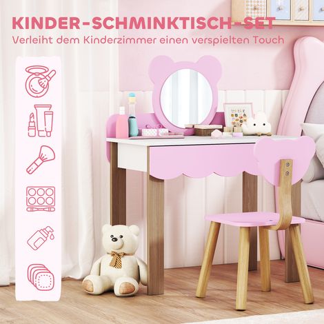 Ensemble coiffeuse ours enfant avec miroir maquillage, tabouret assorti, tiroir de rangement, panneaux MDF rose