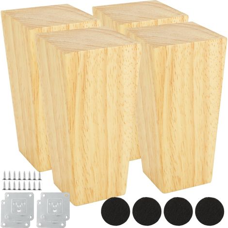 4 Pièces Pieds De Meuble en Bois, 10cm Pieds De Meuble Carrés Bois, Pied De Meuble de Remplacement avec Plaques De Montage Et Vis pour Canapé, Lit, Fauteuil, Armoire (1/5)