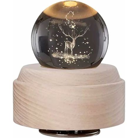 Boule à neige musicale de Noël avec paillettes tourbillonnantes, renne Rudolph, boule en cristal avec support en bois, lampe LED veilleuse, décoration intérieure, ornement d'anniversaire (1/5)