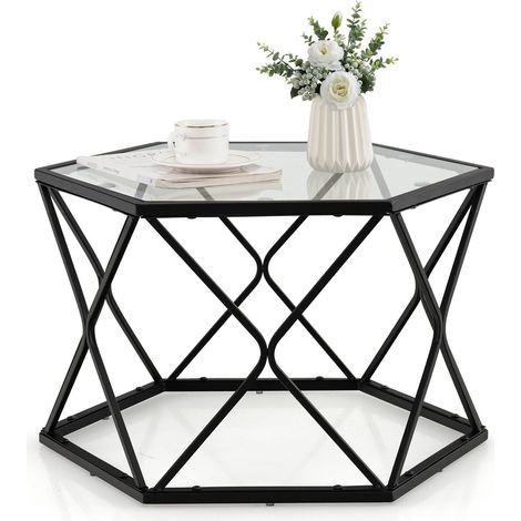 Geometric Glass Coffee Table Hexagonal End Table Sofa Beside Table Metal Legs