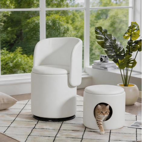 Poltrona 48x52x75 cm in velluto bianco girevole con vano contenitore FloraGrace (1/5)