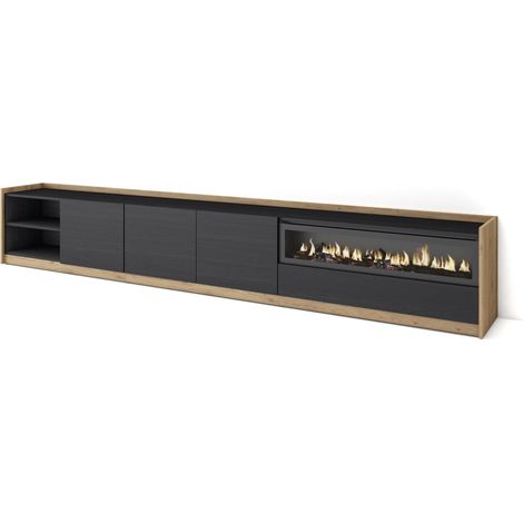 Skraut Home - Mueble TV, Televisión, 310x37x50cm, Para TV hasta 80", Chimenea eléctrica, Negro y roble (1/5)