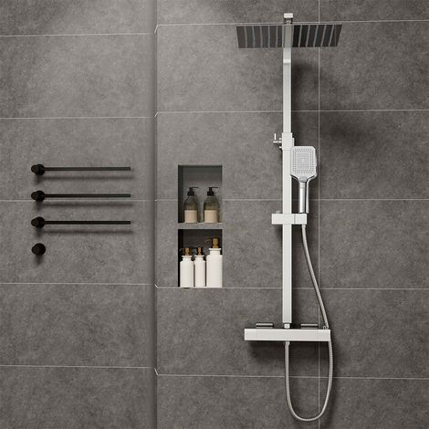 Colonna doccia termostatica con miscelatore, set doccia in acciaio inox 304 - Soffione pioggia 30x30cm + doccetta 3 Jet autopulente, Kit completo con tubo 1.5m e saliscendi rettanglo regolabile, cromo