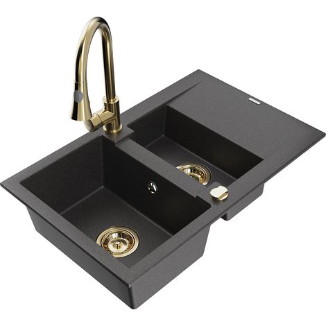 Mexen Gaspar fregadero de granito de 1,5 senos con escurridor y grifo de cocina Elia, negro moteado - 6507-76-670101-50