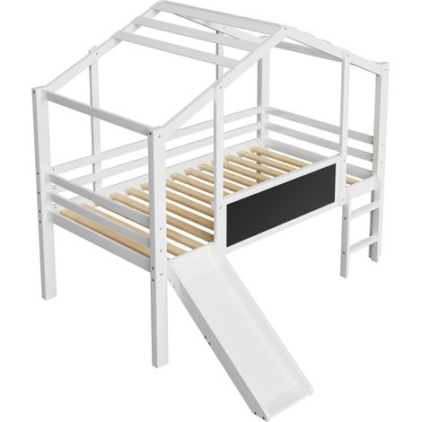 Cama alta infantil 90 x 200 cm con tobogán, escalera de seguridad y pizarra, blanca (1/5)