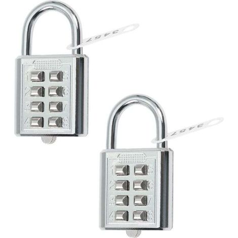 Lot de 2 cadenas à combinaison de 35 x 65 mm 8 chiffres pour salle de sport, école et personnel Casier extérieur, clôture et rangement Argenté