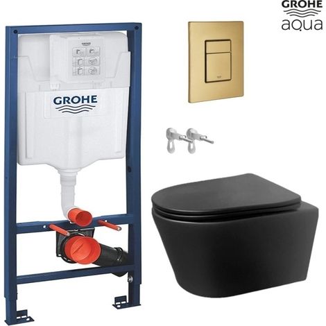 Pack WC suspendido con bastidor Grohe Rapid SL + pulsador Skate oro cepillado + inodoro Lia rimless negro mate AzulBath