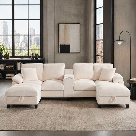 Canapé d'angle en U 4 places – Tissu velours côtelé beige– 2 porte-gobelets – 2 ports USB – Poches latérales – 293×142×93 cm (1/5)