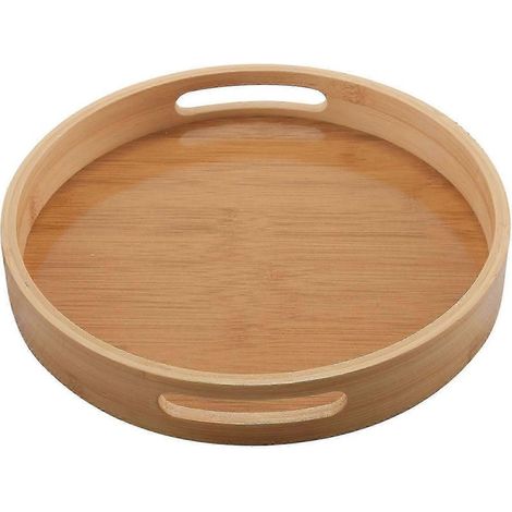 Plateau de service rond en bambou, idéal pour le dîner, le thé, le petit-déjeuner et le rangement. Poignée. (1/5)