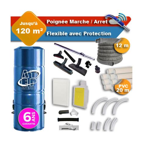 Aspirateur central hybride ATEPAC 70 GARANTIE 6 ANS + flexible rétractable 12 m avec housse de protection + poignée marche/arrêt + 7 accessoires + kit 1 prise RETRAFLEX + kit prise balai (rayon d'acti (1/5)
